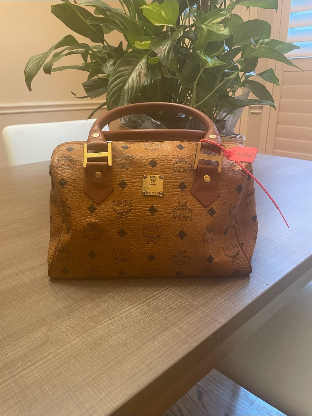 MCM Cognac Coated Canvas Satchel with Black Monogram and Gold Hardware - Picture 8 of 12